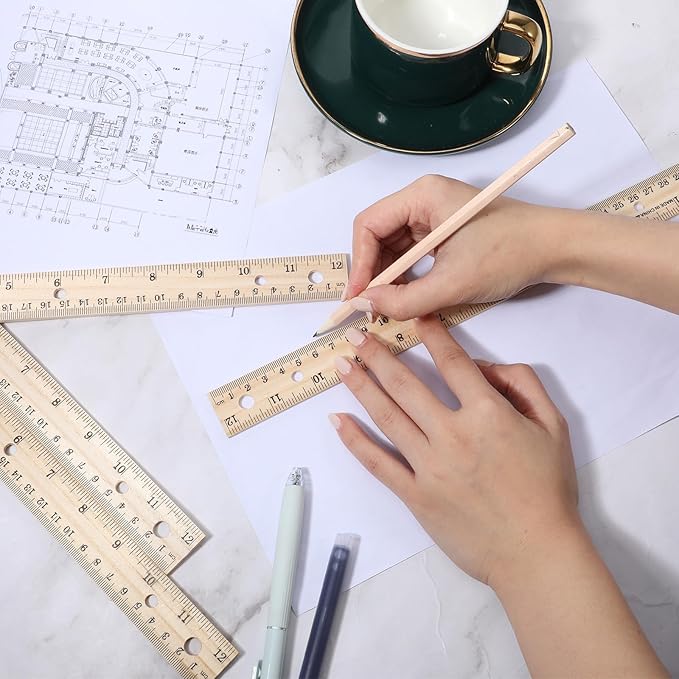12 Pack Bulk Wooden Rulers 12 Inch Bulk Wood Rulers Wood Measuring Ruler with Centimeters and Inches Straight Edge Ruler with 4 Holes for Office Drafting Supplies 2 Scale