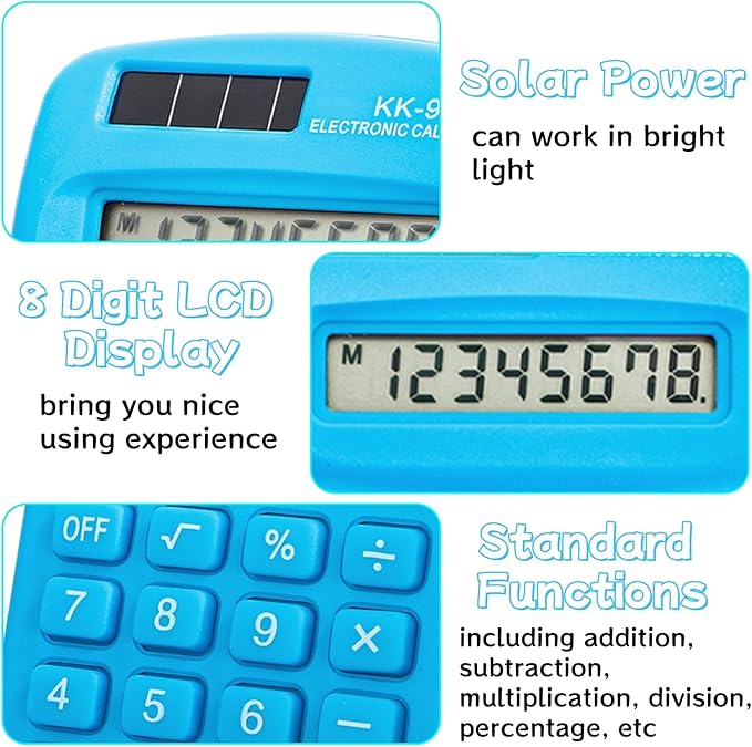 Goaste 12 Pack Pocket Size Mini Calculators, 8 Digit Display Basic Calculator, Small Solar Battery Dual Power Calculator in 6 Colors, 4 Function Handheld Calculators Bulk for Student Kid School Office