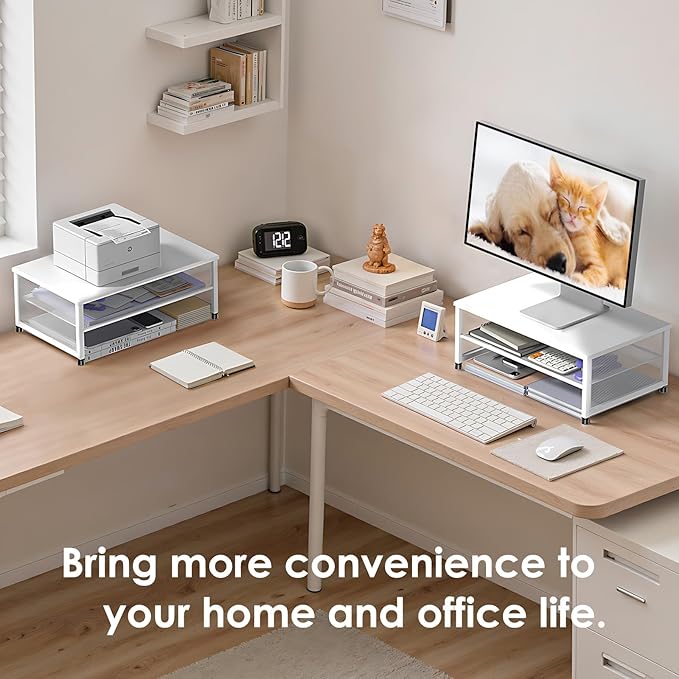 Desk Organizers and Accessories, 2-Tier Metal Computer Monitor Stand Riser, Desk Organizer for Monitor, Printer & Laptop Stand, Desktop Workspace Organizers for Office Supplies(White)