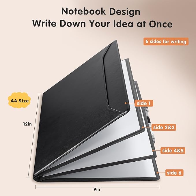 CoBak 6 Sides Portable White Board 12 x 9 inch (A4) - Notebook Design Dry Erase Small Board with Pocket and 3 Markers, Anti-Ghosting & Anti-Smudge Surface for Office, School, Homeschool (Black)