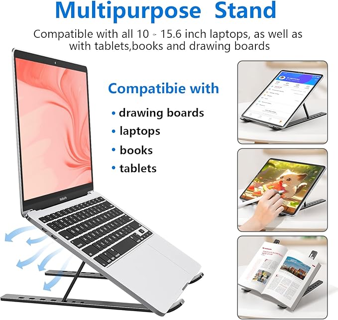 Laptop Stand for Desk, Aluminum Metal MacBook Stand，Computer Riser for Desk, Portable Foldable Adjustable Notebook Holder, Compatible with 10-15.6 Inch Laptops, iPad, Space Gray.