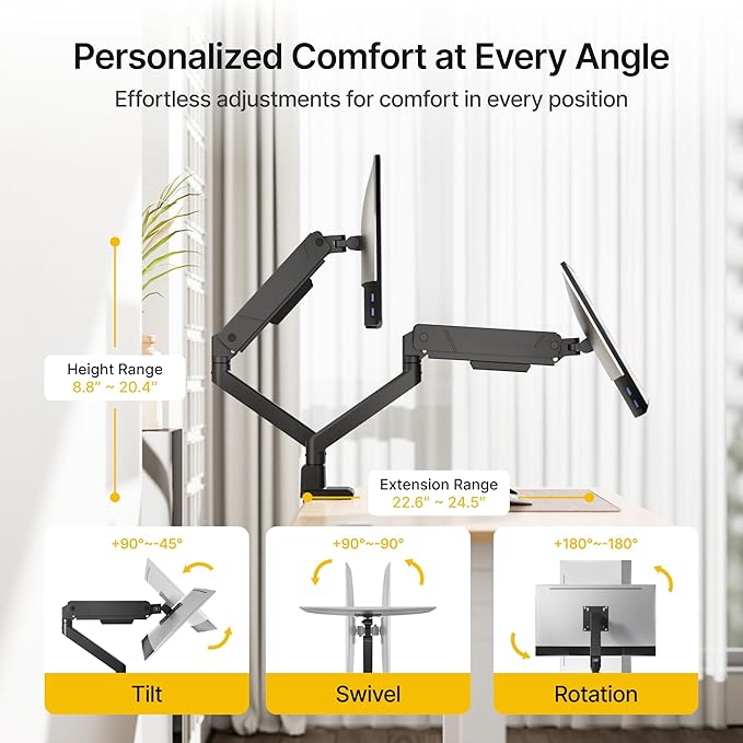 monTEK Dual Monitor Mount with USB Monitor Arms for 2 Monitors for 17 to 35 Inch Curved Screen Holds 35 Lbs Adjustable Heavy Duty Monitor Desk Mount Cable Management, VESA 75/100mm, MA1007UCBK-D