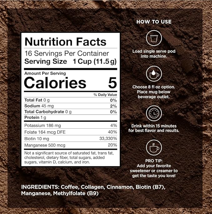 VitaCup Beauty Collagen Coffee Pods for Hair, Skin & Nails, with Biotin & Folate, Medium Dark Roast, Keto Friendly, Recyclable Single Serve Pod Compatible with Keurig K-Cup Brewers,64 Ct