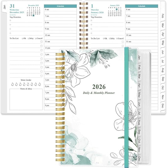 2026 Daily & Monthly Planner - One Page Per Day, Daily Planner 2026 from January 2026 to December 2026, Planners 26 with 12 Monthly Tabs, 6.4" x 8.5", Teal Flowers