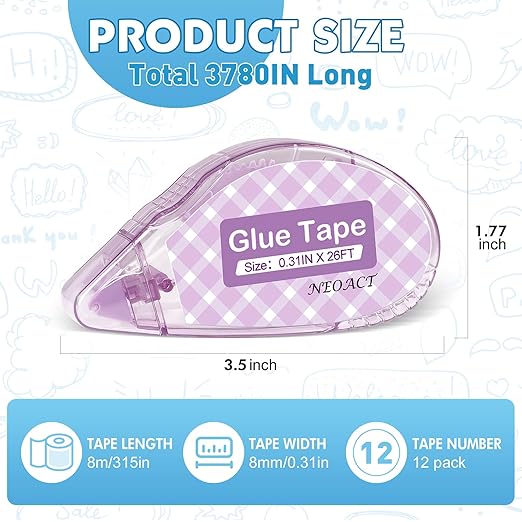 12 Pack Scrapbook Tape, Double Sided Tape Roller for Crafts,0.31In x 26 Ft Adhesive Glue Tape Runner for Scrapbooking,Junk Journal Supplies and Craft Supplies Gift Wrapping