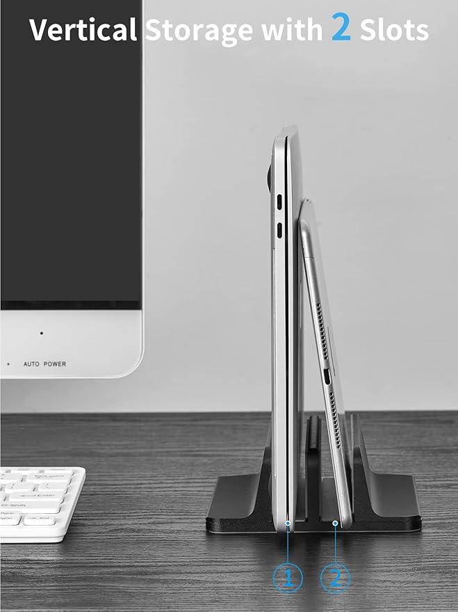 JARLINK Vertical Laptop Stand Holder, Aluminum Double Desktop Stand Holder with Adjustable Dock (Up to 17.3 inch), Compatible with MacBook, Surface, Chromebook, and Gaming Laptops, Black