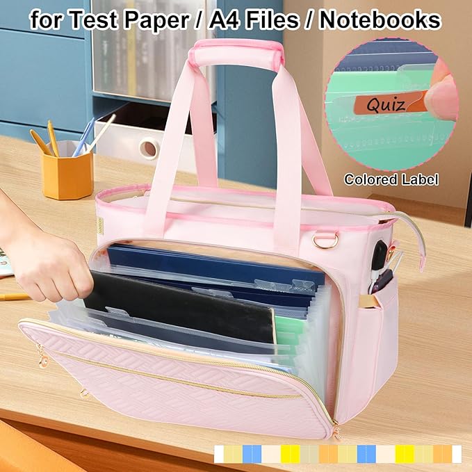 Teacher Tote Bag with Accordion File Organizer Pocket, Soft Nylon Utility Bag with 15.6 inch Laptop Compartment & USB Port, Large Work Tote Bag for Office Supplies Women (Pink)