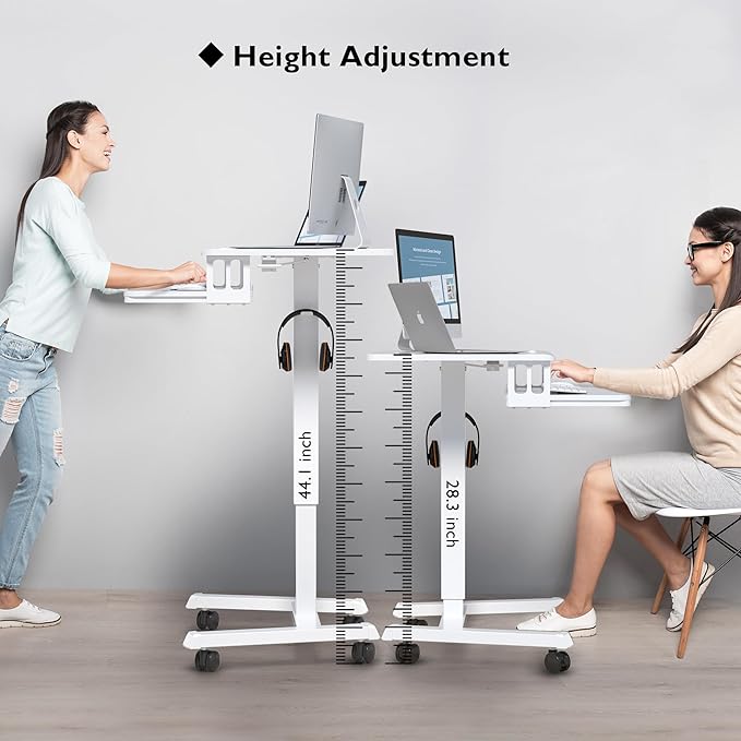 BONTEC Mobile Standing Desk with Keyboard Tray, Mobile Podium, Rolling Laptop Sit Stand Desk on Wheels, Adjustable Height Up to 33lbs, Portable Computer Workstation Cart for Living Room, Office, White