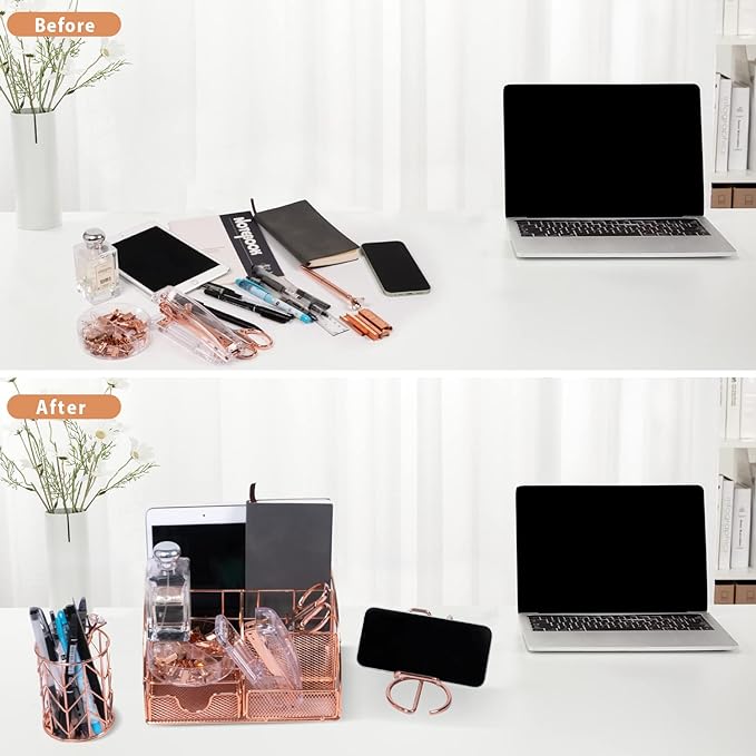 Rose Gold Desk Organizers and Accessories Office Supplies Set Stapler, Pen Holder, Phone Holder, Scissors, Pen, Ruler, 30 Paper Clips, 22 Binder Clip, 20 Tacks and 1000pcs Staples