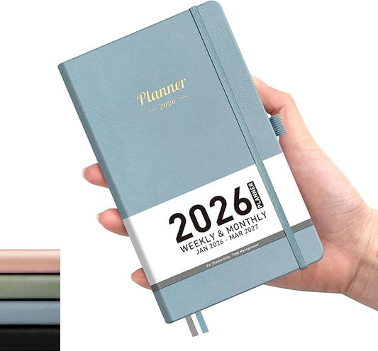 AHGXG Small Pocket Planner 2026-2027, Weekly and Monthly Calendar Planner, 15 Months, JAN 2026 - MAR 2027, Mini Size, Hardcover, Inside Pocket, For Women Men School Home Office Supplies, 3.9''X 6.7'' - Gray Blue