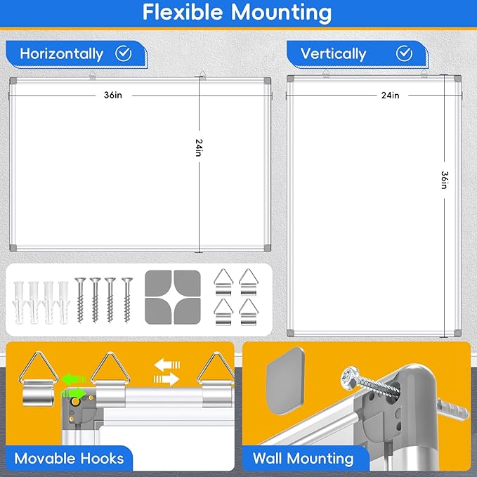 Magnetic Dry Erase Board, 36 x 24 Inch White Board with Marker, Magnet and Eraser, Magnetic Whiteboard for Home, School, Office, Kitchen