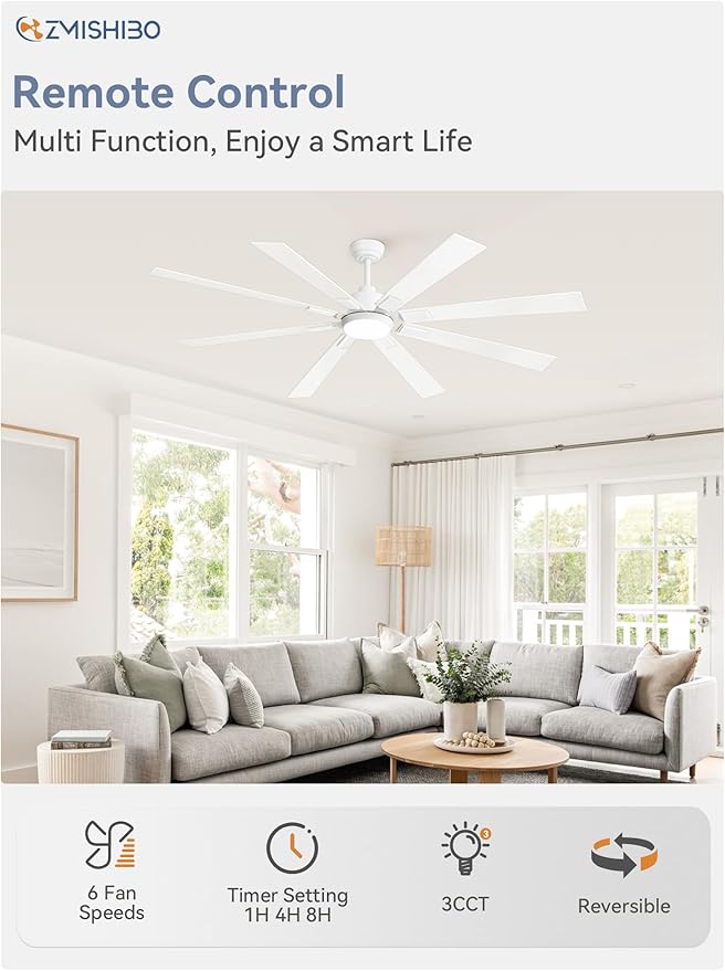 ZMISHIBO 72 inch White Ceiling Fans with Lights and Remote, Indoor/Outdoor Ceiling Fan for Patio Living Room, 6 Speed Reversible Quiet DC Motor, 3 CCT, Dual Finish Blades