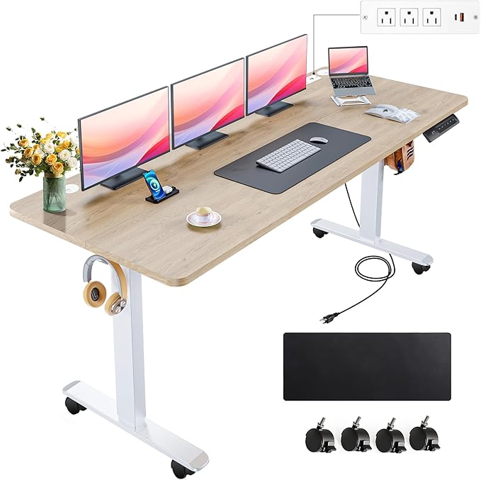 farexon Electric Standing Desk 63 x 24In with Outlets, Adjustable Height Stand up Desk with Large Mouse Pad, Double Hooks and 4 Wheels, 27''-46'' Lifting Range, Easy to Set for Home/Office(Oak Gray)