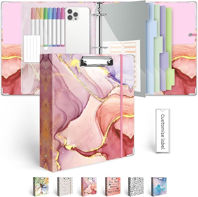 3 Ring Binder 2 Inch, Three Ring Binders Organizer with Clipboard, 5-Tabs Pockets Dividers, Plastic Folder, 18 Divider Stikers, BVSSX Pink Decorative Binder with Pen Loop (Pink Marble, Letter Size)