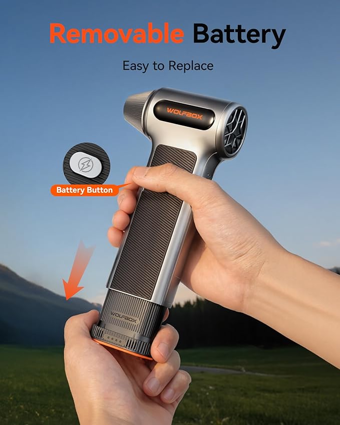 WOLFBOX MF200 Electric Air Duster with Removable Battery & 4 Nozzles, Cordless 3-Speed Adjustable Mini Blower for Computer Keyboard, Car Cleaning, Home, and Outdoor Use