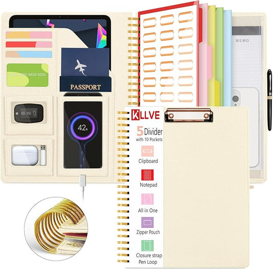 Beige Foldable Spiral Clipboard Folio with Storage Zipper Pouch, 5 Plastic Folders with Pockets,Refillable Lined Notepad (8.5" x 11"), Hardcover Project Organizer with 39 Stickers