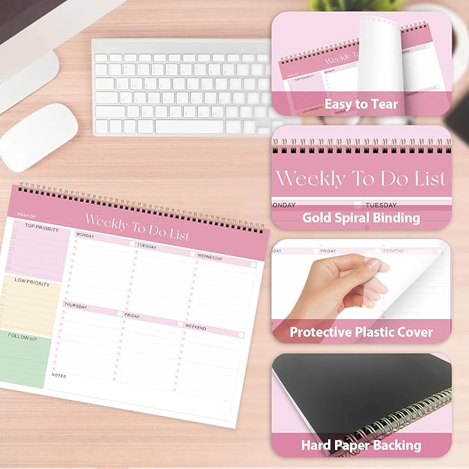 Weekly To Do List Notepad, Undated Planner with 52 Sheets (8.5''x11''), Desk Weekly Planner for Women & Man, Home School & Work (Pink)