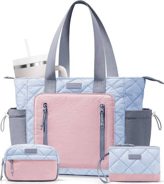 Puffer Tote Bag for Women, Lightweight Puffy Work Laptop Handbag Teacher Nurse Quilted Shoulder School Daily Travel Gym Bags