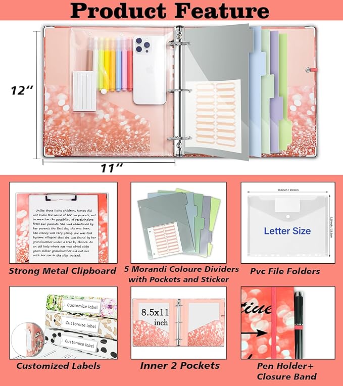 3 Ring Binder 2 Inch, Three Ring Binders Organizer with Clipboard, 5-Tabs Pockets Dividers, Plastic Folder, 18 Divider Stikers, BVSSX Pink Decorative Binder with Pen Loop (Stay Positive, Letter Size)
