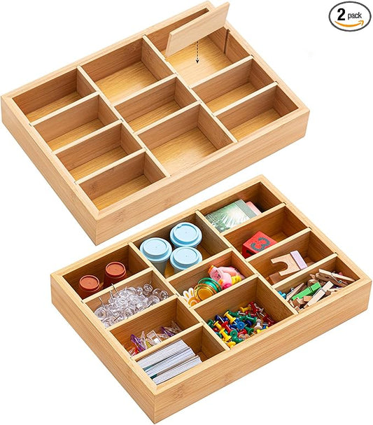Weysat 2 Pcs Removable Bamboo Wood Desk Drawer Organizer with 8 Dividers 12"x8" Office Desk Organizer Tray Divider Drawer for Office Supplies Makeup Jewelry Vanity
