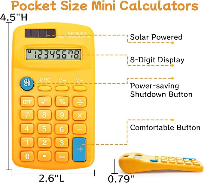 Goaste 12 Pack Pocket Size Mini Calculators, 8 Digit Display Basic Calculator, Small Solar Battery Dual Power Calculator in 6 Colors, 4 Function Handheld Calculators Bulk for Student Kid School Office