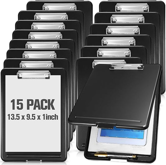 Mimorou 15 Pcs Clipboard with Storage Plastic Nursing Clipboard 9.5 x 13.5 Inch with Low Profile Clip Foldable Clip Board with Storage for Home Office Back to School Supplies