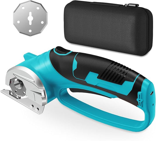Cordless Electric Scissors, 4V Rechargeable Box Cutter & Cardboard Cutter with LED Light, Safety Lock - Rotary Cutter for Fabric, Leather, Plastic, Crafting, Sewing with Storage Box (Turquoise)