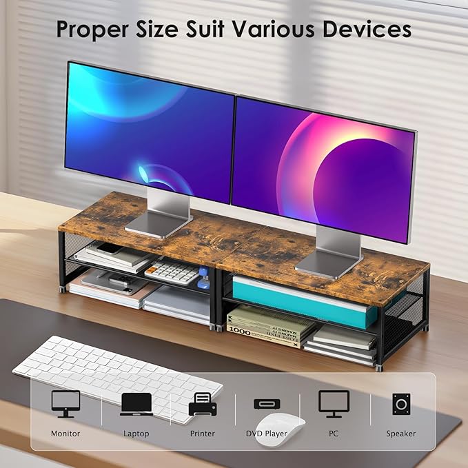 Desk Organizers and Accessories, 2-Tier Metal Computer Monitor Stand Riser, Desk Organizer for Monitor, Printer & Laptop Stand, Desktop Workspace Organizers for Office Supplies(Brown)