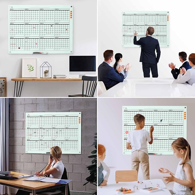 TSJ OFFICE Glass Calendar Whiteboard - 48 x 36 Inches Wall Mounted Dry Erase Yearly Planner for Wall, Large Magnetic Glass White Board for Office, Home & School