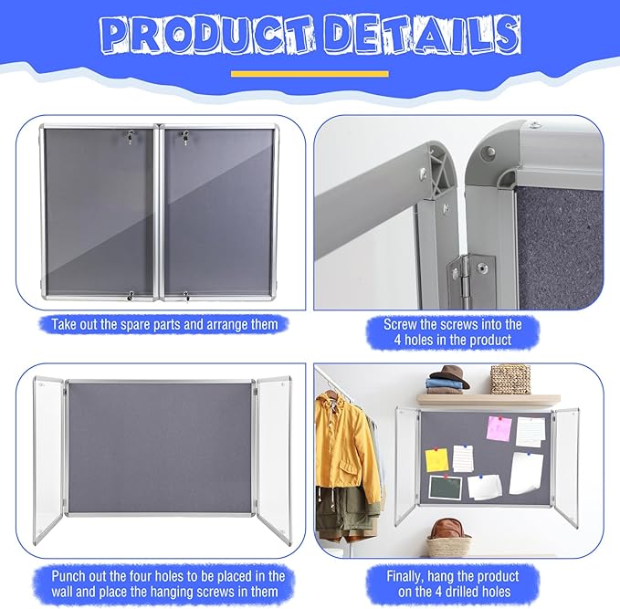 Enclosed Bulletin Board 48" x 36" Weather Resistant Lockable Notice Cork Display Board Wall Mounted 2 Locking Door for School Classroom Commercial Christmas, 12 x A4(Gray, Silver Frame)