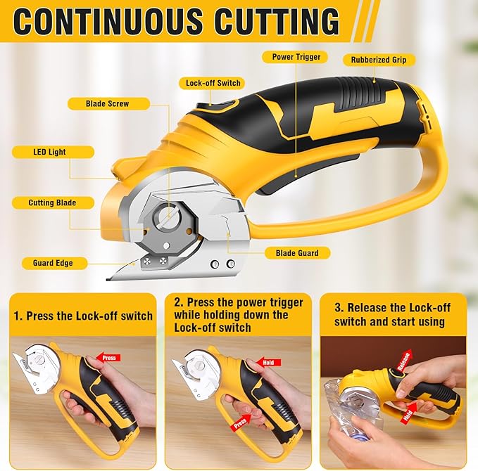Cordless Electric Fabric Scissors, Cardboard Box Heavy Duty Scissor, Rechargeable Power Rotary Cutter, Leather Sewing Shears, Plastic Packages Carpet Cutter with Storage Bag, 4V, 2000mAh, Type-c