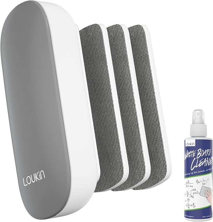 loukin Replaceable Dry Erase Eraser, Magnetic Whiteboard Eraser with 3 Replaceable Felt Pads, 4-in-1 Glass Whiteboard Erasers, 3.4 fl oz Cleaner Included (Gray)