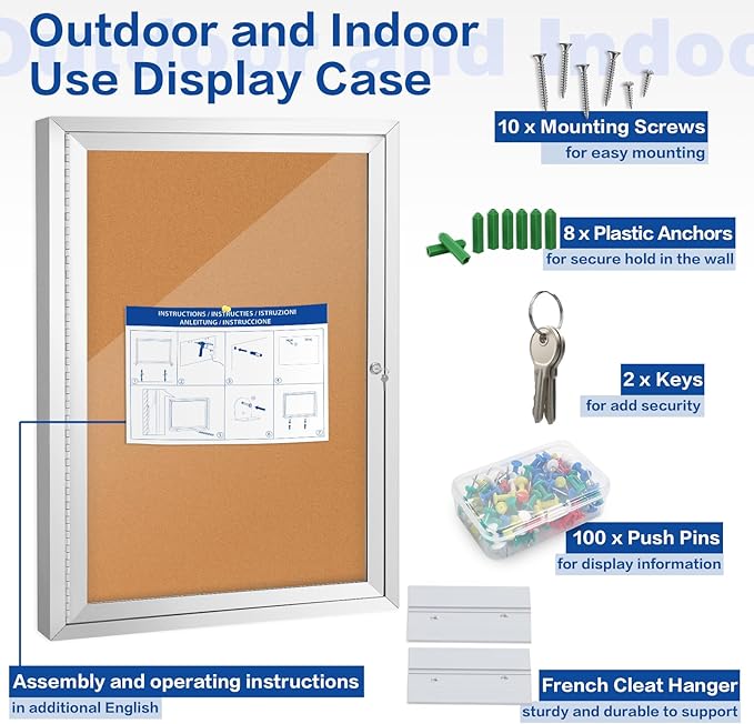 SWANCROWN Enclosed Bulletin Board Cork Displays Boards Weather Resistant Wall Mounted Notice Case, 28x20inches