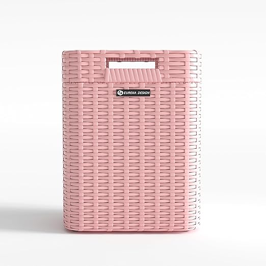 Ypati Handwoven 4 Gallon Rattan Trash Can with Lid, Boho Style Decorative Indoor and Outdoor Trash Bin with Shelf, Waste Basket for Bathroom, Patio, Study, with Trash Bags, Macaron Pink, Eureka