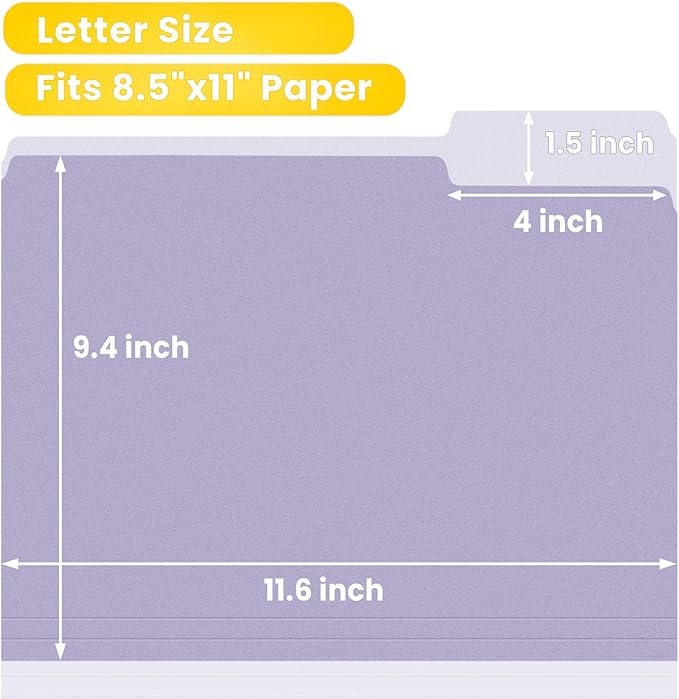 SUNEE File Folders Letter Size 10 Pastel Colors, 100 Pack Manilla Folders 8.5 x 11 1/3-Cut Tabs, Colored File Folders Office Home School for Documents Files Paper