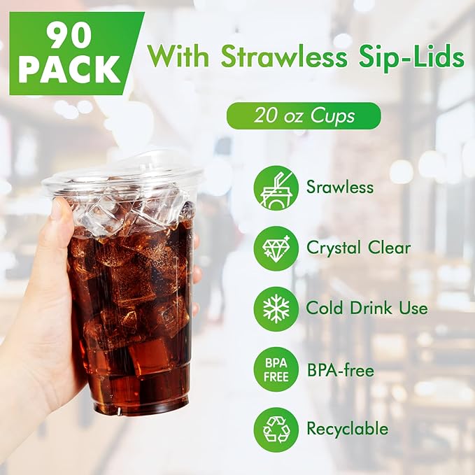 [90 PACK] 20 oz Clear Plastic Cups With Strawless Sip Lids, Disposable Plastic Cups With Sip Through Lids for Ice Coffee, Smoothie, Slurpee, or Any Cold Drinks