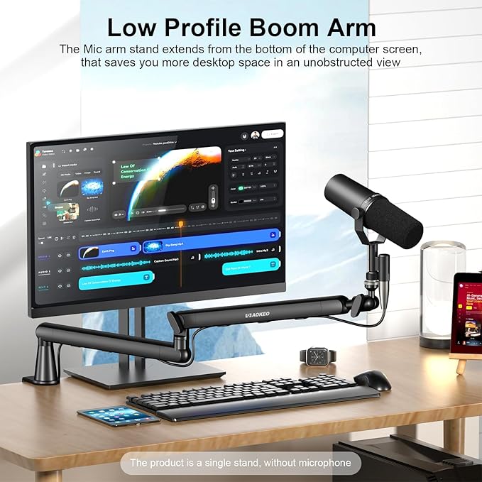 Microphone Arm,Aokeo AK-55 Desk Low Profile Adjustable Mic Boom Arm Stand,Suitable For Blue Yeti,Snowball iCE, HyperX QuadCast,SoloCast,Elgato Wave,Etc