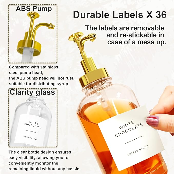 2 Pack 16oz Glass Coffee Syrup Dispenser with Gold Pump, Elegant Coffee Bar Accessories with Labels, Reusable Syrup Bottles for Kitchen, Café & Home Decor