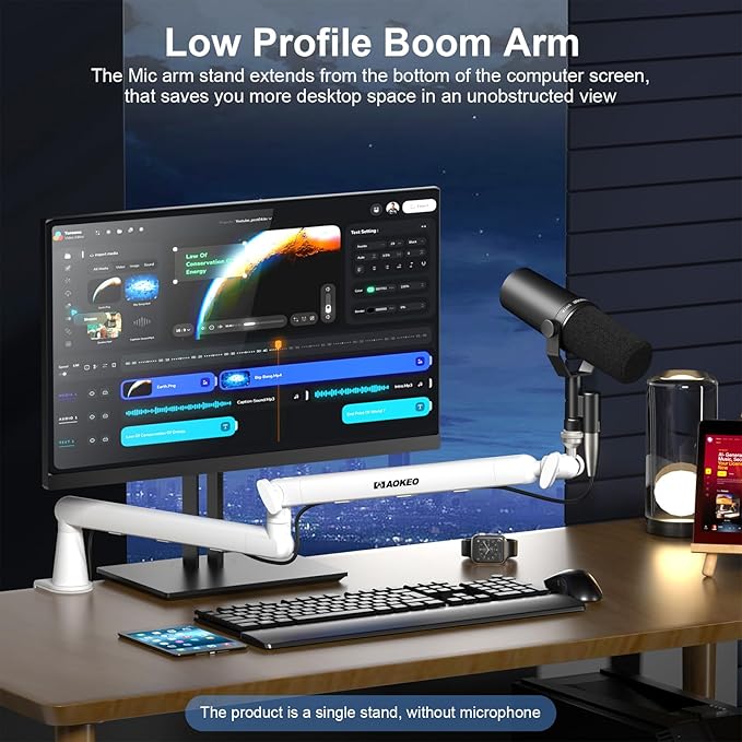 Microphone Arm,Aokeo AK-55 Desk Low Profile Adjustable Mic Boom Arm Stand,Suitable For Blue Yeti,Snowball iCE, HyperX QuadCast,SoloCast,Elgato Wave,Etc