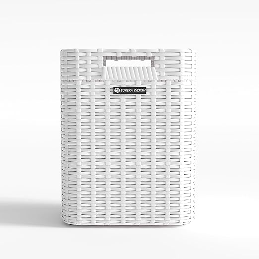 Ypati Handwoven 4 Gallon Rattan Trash Can with Lid, Boho Style Decorative Indoor and Outdoor Trash Bin with Shelf, Waste Basket for Bathroom, Patio, Study, with Trash Bags, Porcelain White, Eureka