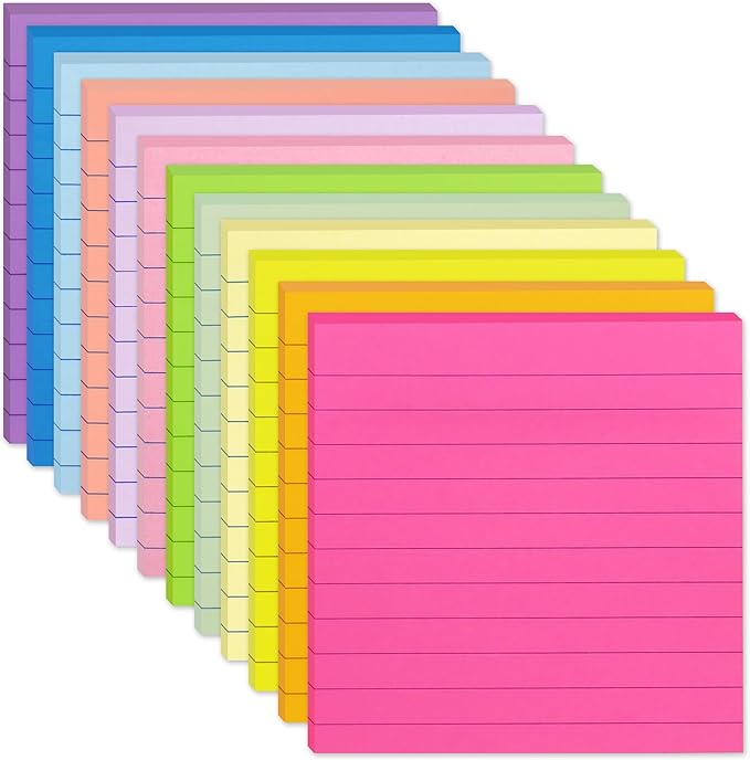 (12 Pack) Lined Sticky Notes 4x4 in, 12 Bright Colors Self Sticky Notes Pad Its Super Sticking Power Memo Pads, 4x4 Large Square Sticky Notes for Office,Home, School, Meeting