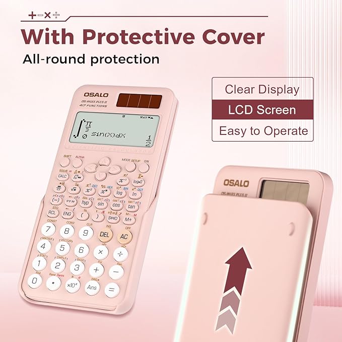 OSALO Scientific Calculator 417 Function 2 Line Written Display 10+2 Digits Solar and Battery Calculators for Students Secondary School College Pink (OS 991ES II)