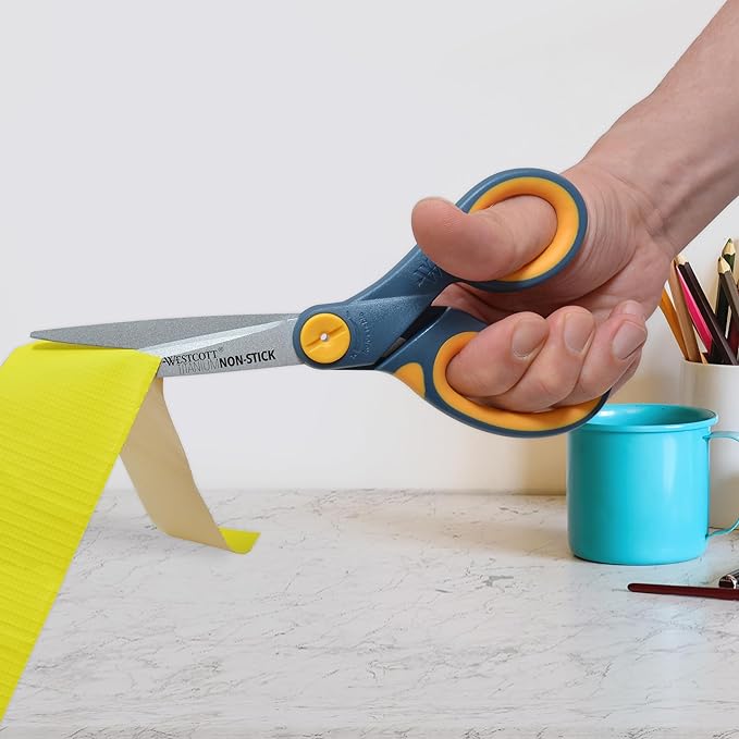 Westcott 8-Inch Titanium-Bonded Non-Stick Straight Scissors with Adjustable Glide Feature for Office and Home - Gray/Yellow, 3 Pack