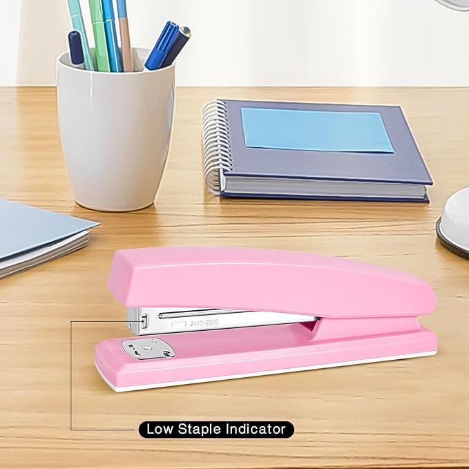 Stapler 25 Sheet Capacity with 1000 Staples and Staple Remover - Staplers for Desk, Non-Slip Office Stapler with Staples for Office, Pink