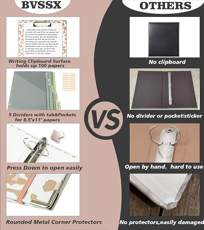 3 Ring Binder 2 Inch for 8.5"x11" Paper, Three Ring Binders with Clipboard, 5 Dividers with Tabs and Pockets, Clear Folder, 18 Divider Stikers, BVSSX Decorative Binder with Pen Holder, Leopard