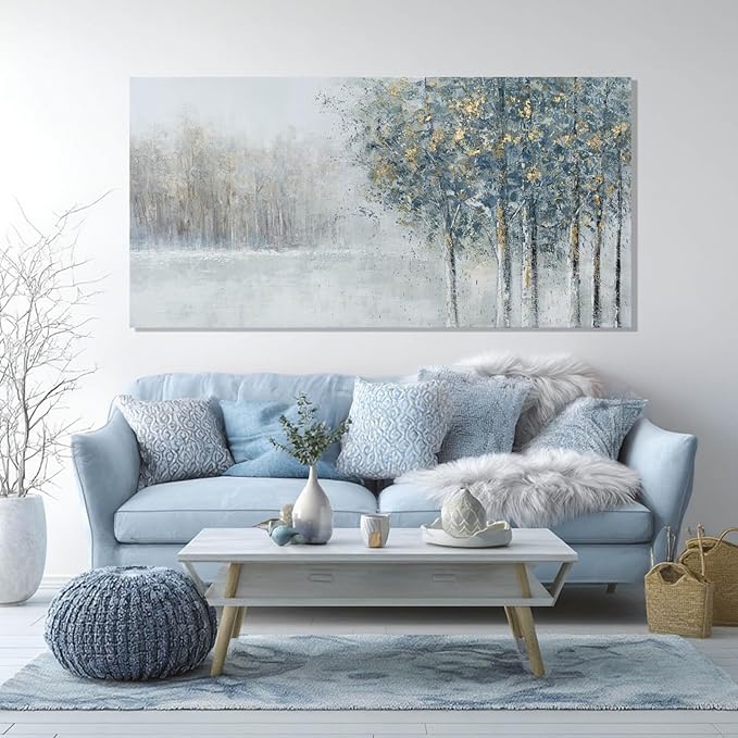ZENPEE Abstract Forest Canvas Wall Art, 20x40 Inch Blue and Gold Tree Painting, Modern Nature Landscape Artwork for Living Room Bedroom Office Decor, Ready to Hang