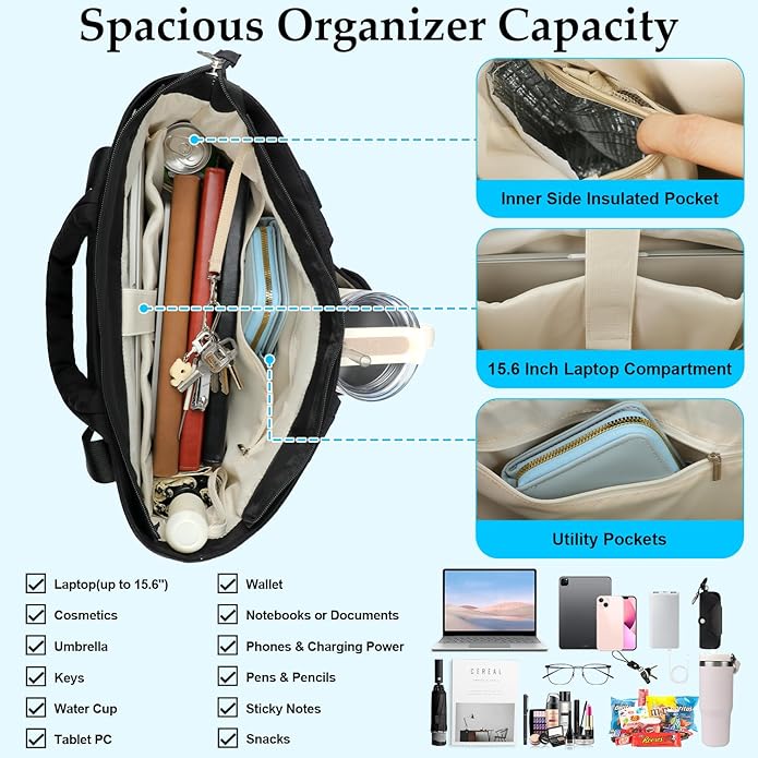 Work Tote Bag for Women with Large Front Cup Holder& 15.6 Inch Laptop Compartment, Lightweight Puffer Laptop Tote Bag with Long& Short Handle for Teacher Nurse Office Supplies Organizer (Black)