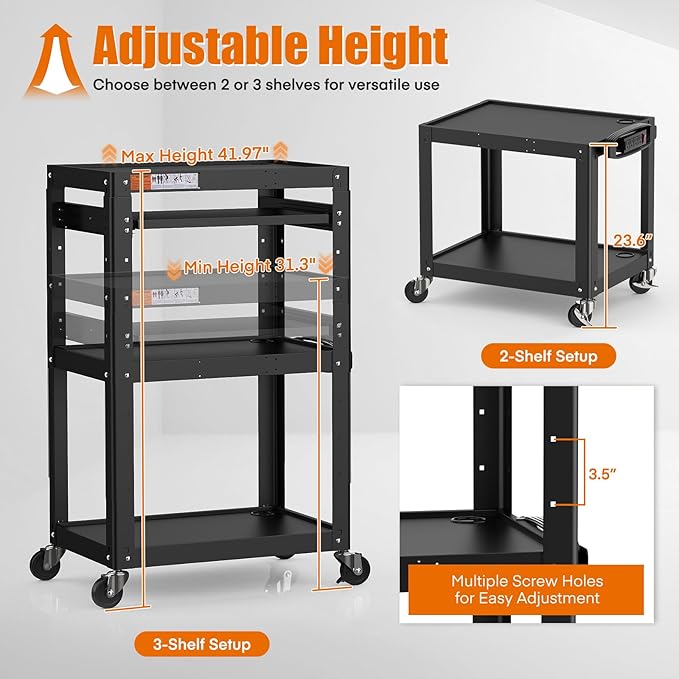 AV Presentation Cart Stand for Video Projector,TV,Laptop Computers,Printers,Metal Construction Rolling Cart with Adjustable Shelves,4 Wheels,4 Outlets, 5.75ft Cord,Support 300 lbs,Black