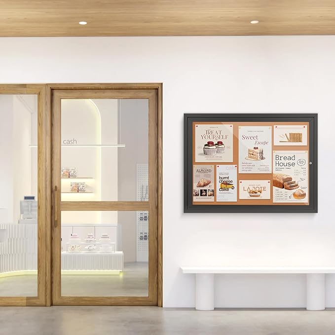 SWANCROWN Outdoor Bulletin Board 37x28in, Enclosed Bulletin Board with Locking Door Wall Display Case for Office School Commerce, Cork, Black Aluminum Frame (8xA4)