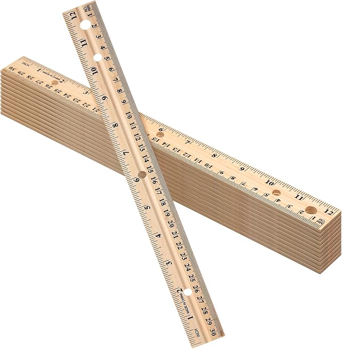 12 Pack 12 Pack Christmas Wooden Ruler Gifts 12 Inch (30cm) Bulk Wood Measuring Ruler Straight Metal Edge with 4 Holes for Teacher School Office Drafting Classroom Supplies, 2 Scale